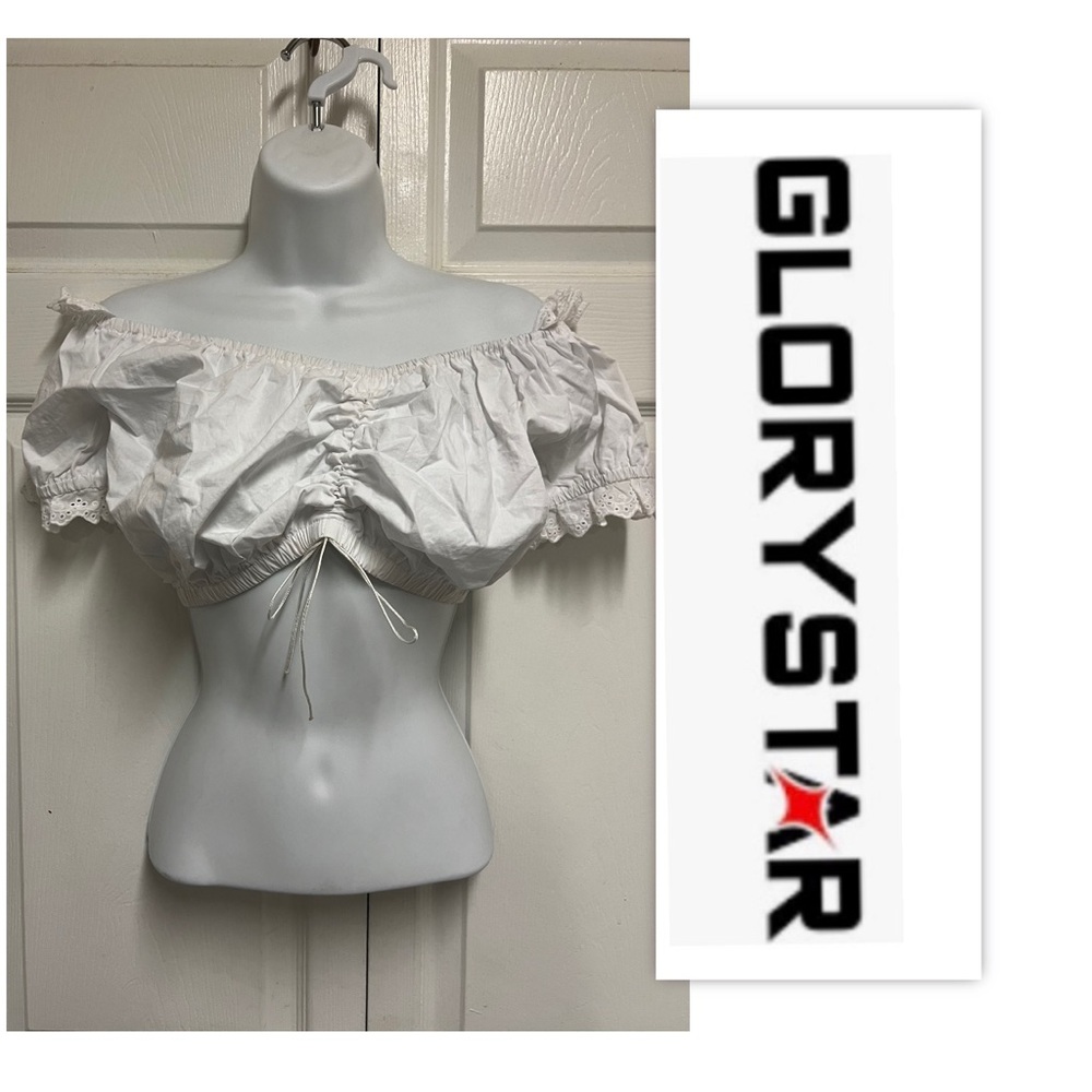 Glory Star White Eyelet Off-the-Shoulder Crop Top.